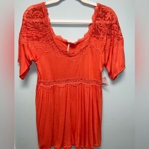 NWT Free People Womens Babydoll Top Coral Lace Short Sleeve Scoop Neck  Sz Small